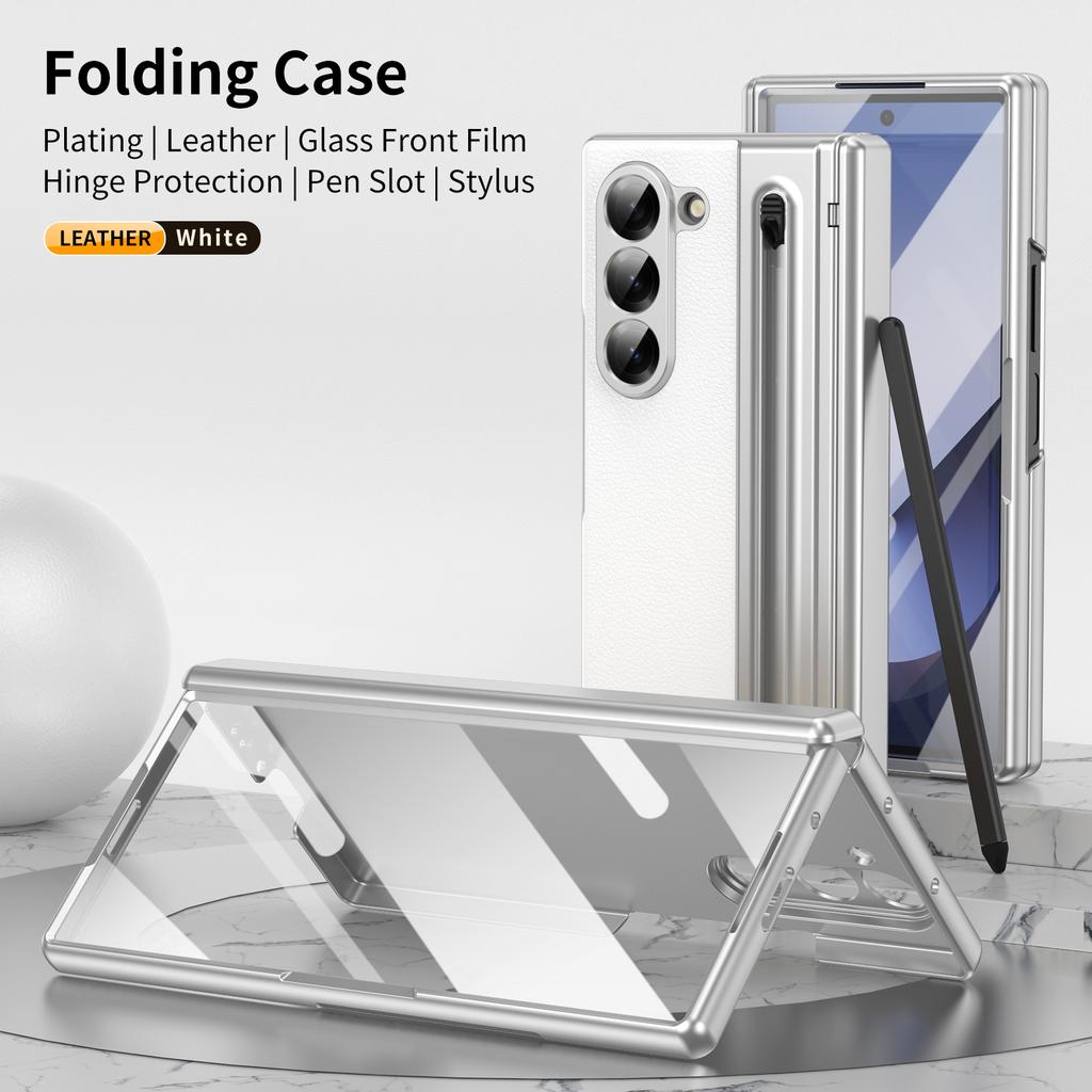 Для Samsung Galaxy Z Fold 7 Кожаный чехол для телефона с защитой шарнира, Чехол для Z Fold 6 с защитной пленкой для переднего экрана + Стилус