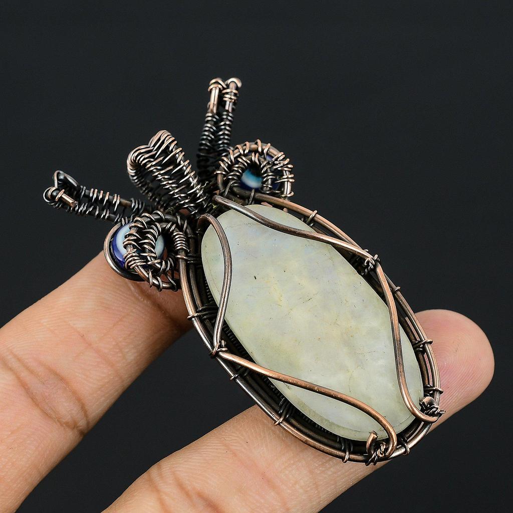 Rainbow Moonstone & Blue Evil Eye Pendant Gemstone Jewelry, 999 Copper Wire Wrapped Pendant, Handmade Beautiful Jewelry Pendant