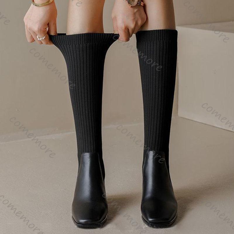 Comemore Retro Knitted Knee High Elastic Boots Chunky High Heeled Women's Sock Long Boots Casual Slip On Autumn Single Botas