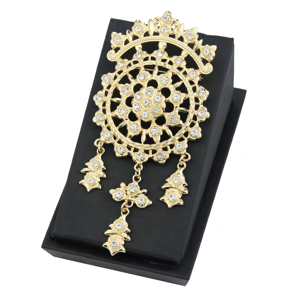 Women's Crystal Brooch Gold Color Round Flower Metal Brown Brooch Hijab Pins Bridal Jewelry