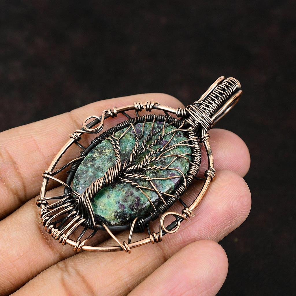 Дерево жизни рубиновый цоизит кулон медная проволока обернутый кулон драгоценный камень медные украшения ручной работы дизайнерский кулон подарок для женщин подарок для него