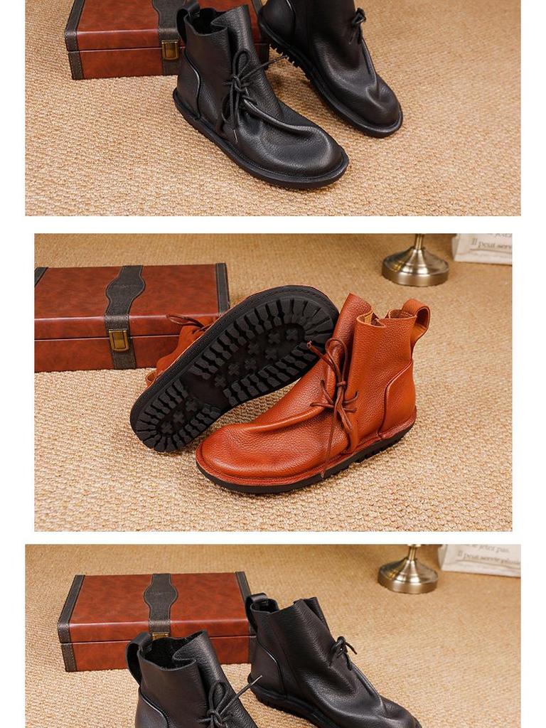 2025 Women's Retro Slouch Boots - High-End Cowhide, Soft Sole, Flat Heel Casual Short Boots