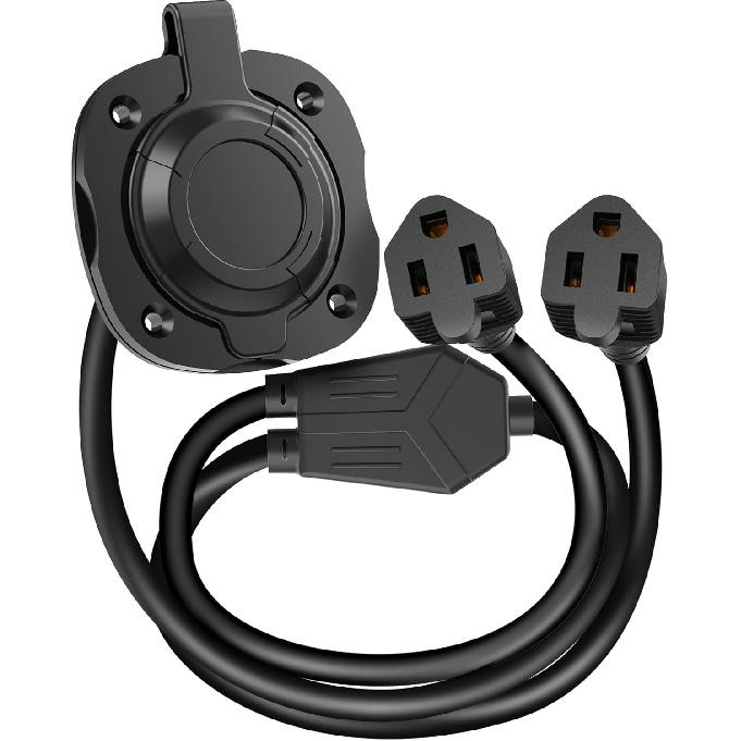 WELLUCK RV Shore Power Inlet Charger Plug 15 Amp 125V AC Power Inlet Port Plug With Integrated Dual 18" Extension Cord, RV Flanged Inlet With