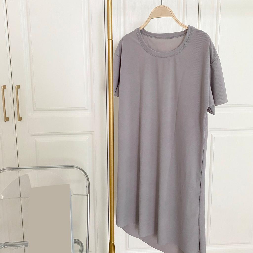 Однотонная домашняя ночная сорочка из ледяного шелка свободного кроя с круглым вырезом для весны и лета