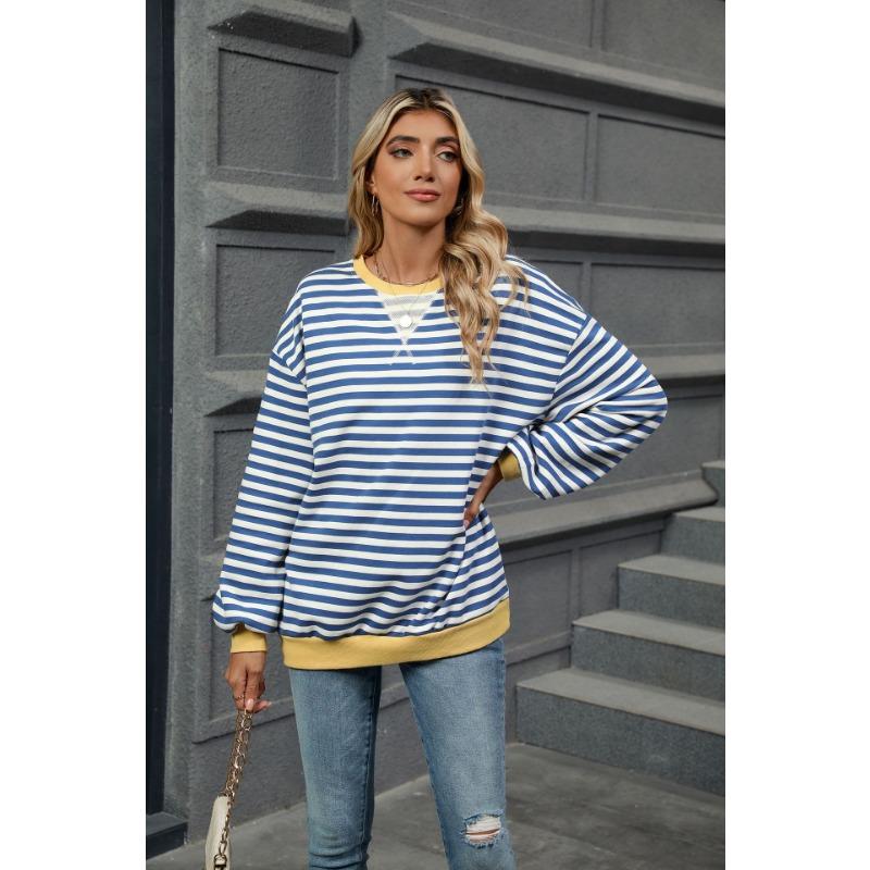 Осенне-зимняя женская толстовка с круглым вырезом и длинными рукавами в полоску, с яркими цветовыми сочетаниями