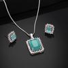 Designer Square Pendant Set with Rhodium Plated CZ and Mint Green Stones for Women