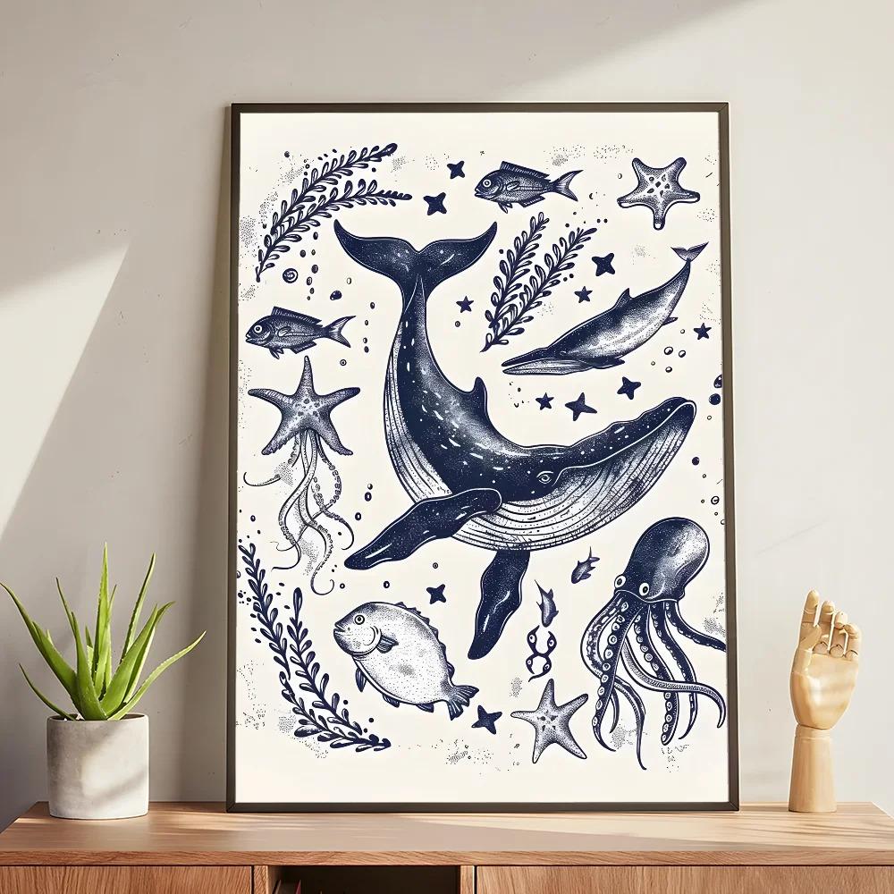 Whale and Shark Seashells Turtles Octopus Fish Marine Life Ocean Animals Poster and Print Canvas Painting Wall Art Home Living Room