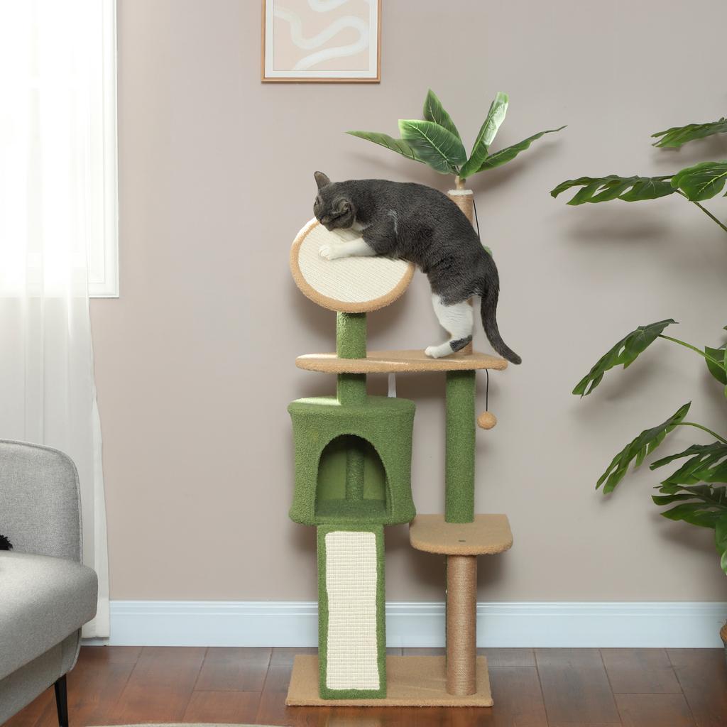 Cat Tree, 139 cm Cat Tree with Cave, Play Balls, Sisal Scratching Posts and Platforms, for Two Cats, Green