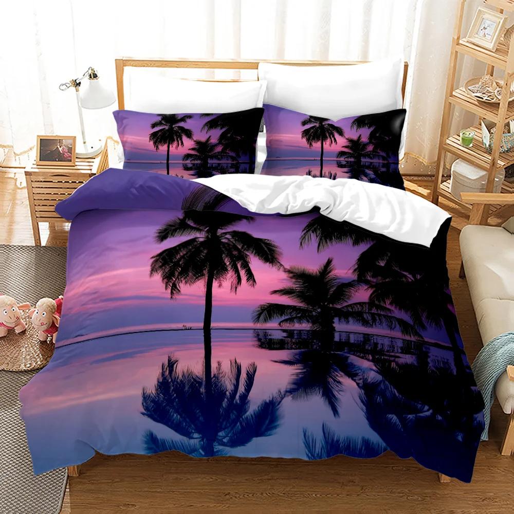Beach Setting Sun Duvet Cover Set Tropical Island With The Palm Tree And Sea Beach Nature Theme Queen Size Quilt Cover