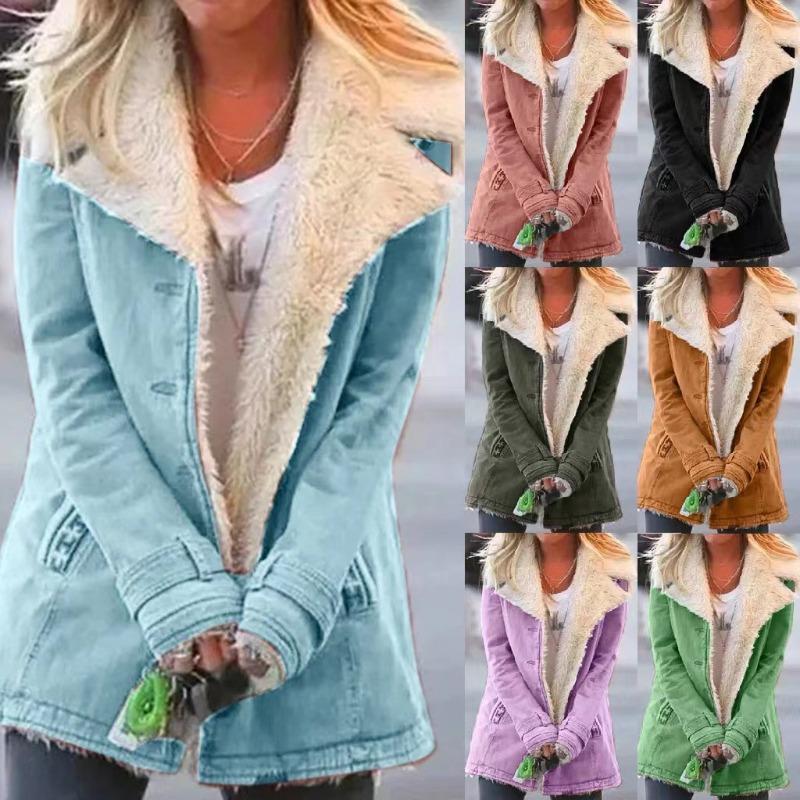 Winter Solid Color Plush Lapel Mid Length Solid Color Women's Long Sleeved Jacket