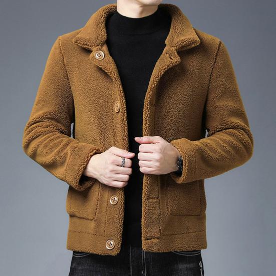 Men Jacket Lapel Long Sleeve Single Breasted Coat with Pockets Solid Color Reversible Design Polar Fleece Faux Leather Outwear