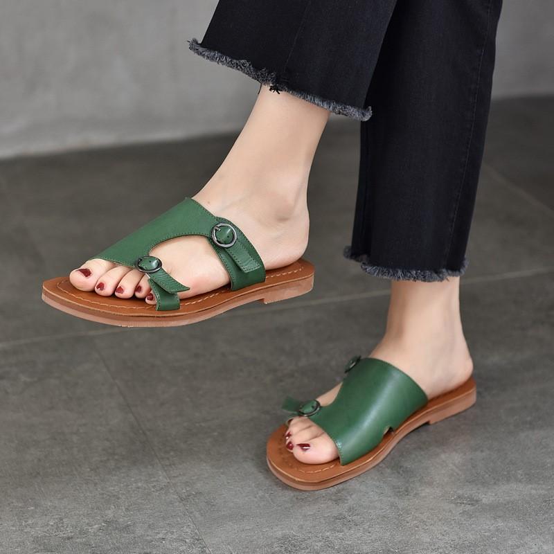 Johnature Retro Genuine Leather Flat Slippers Round Toe Solid Colors Soft Sole Women Outdoor Slides