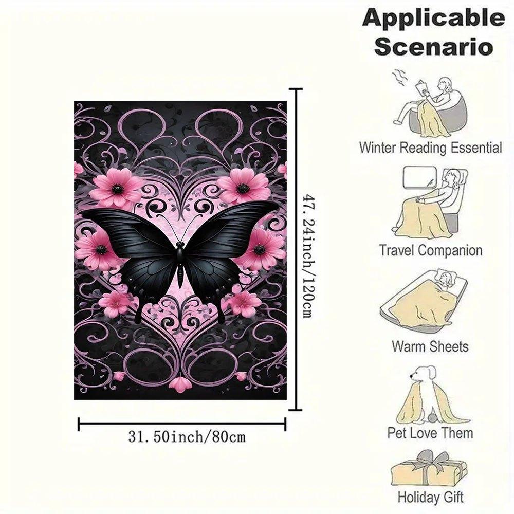 Black Butterfly with Pink Flowers Wall Art PrintBlanket Flannel Throw Blanket for Sofa, Bed, Travel, Camping, Office, Couch, Chair, And Bed
