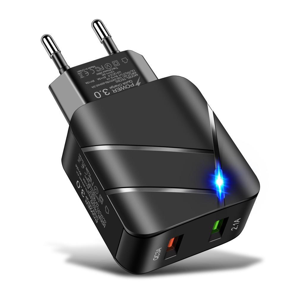 Светящийся двухпортовый USB-быстрозарядное устройство QC3.0+2.1A для стандартов США/ЕС