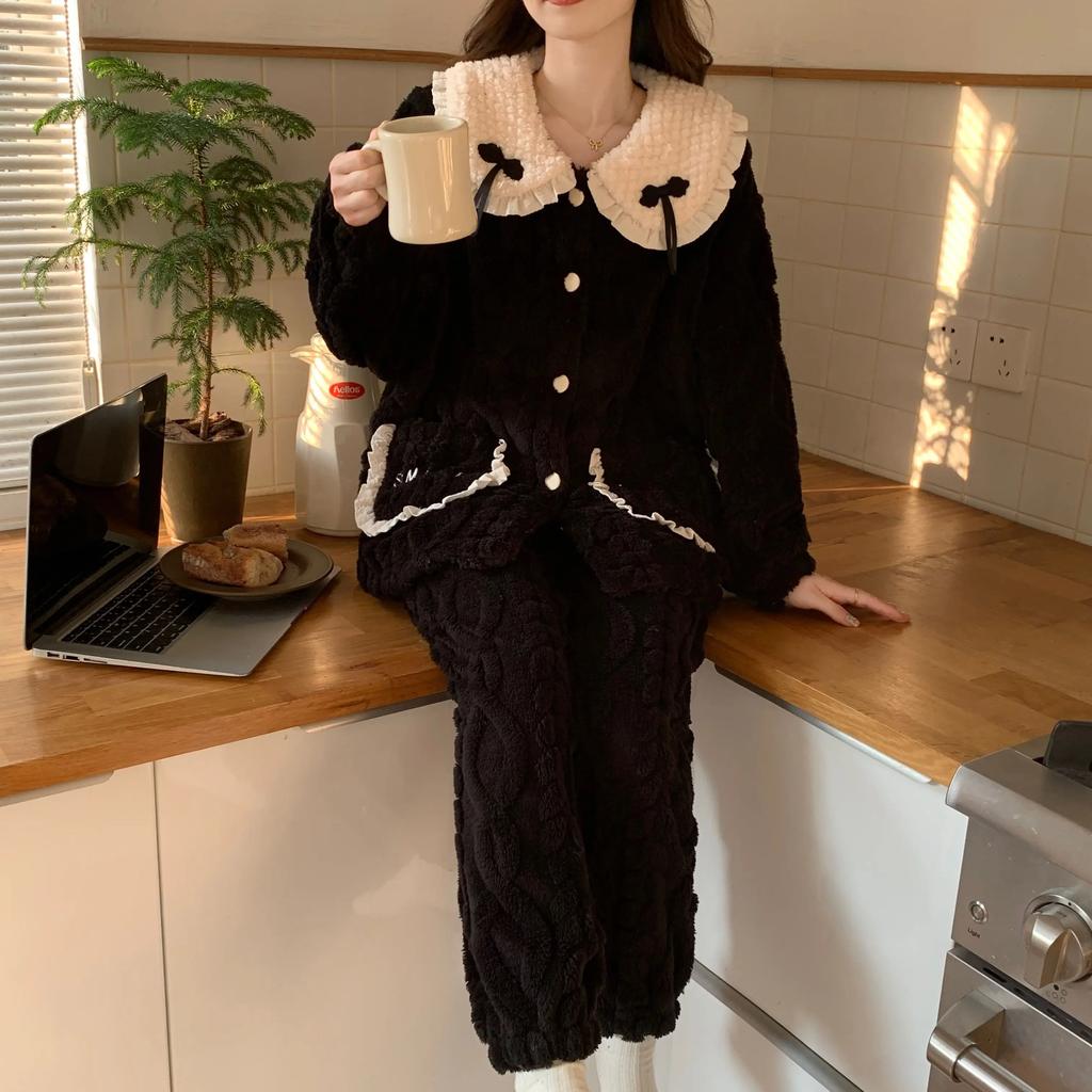 Пижама женская зимняя толстая коралловая бархатная сладкая и милая пшеничная кукольная воротник принцесса ветер кардиган стиль домашняя одежда которую можно носить