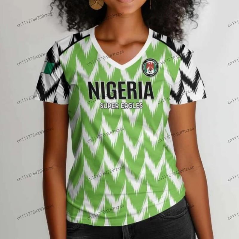 Nigeria Inspired Soccer Fan T Shirt Women Green White Eagle Pattern V Neck Short Sleeve Casual Supporter Top