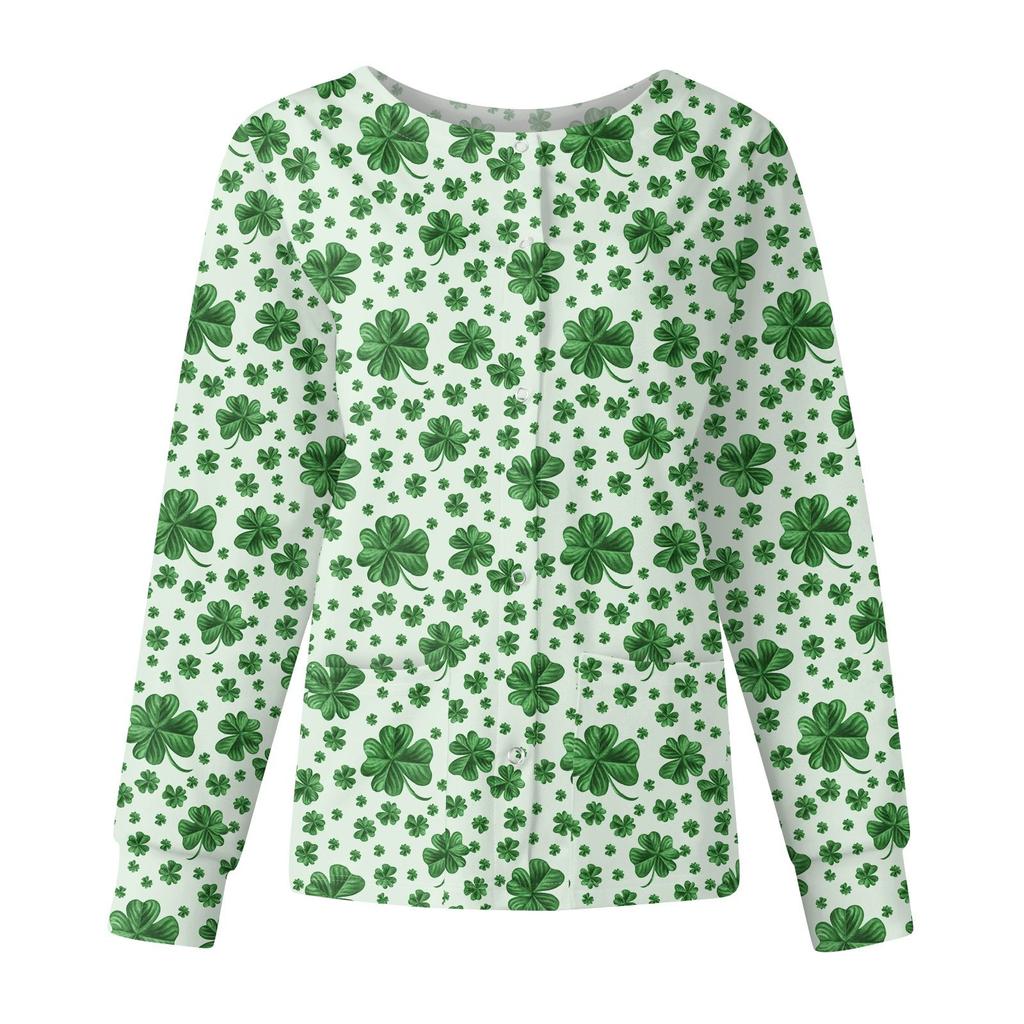 Женская мода с длинным рукавом и воротником-стойкой, однобортная, с принтом ко Дню Святого Патрика