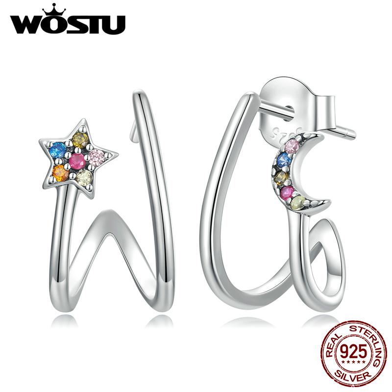 WOSTU 925 Sterling Silver Star & Moon Stud Earrings For Women Simple Style Zircon Ear Hooks Fine Jewelry Gifts