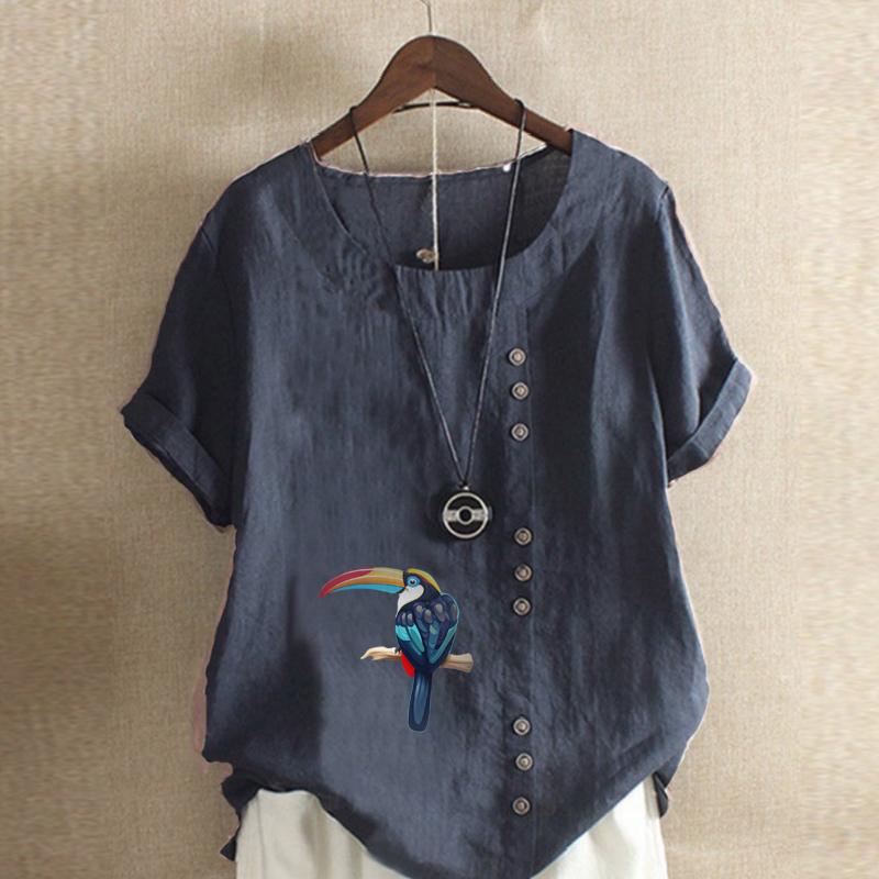 Женская модная футболка с круглым вырезом и коротким рукавом, повседневная рубашка из хлопка и льна с рисунком, свободная летняя блузка с принтом попугаев, топы