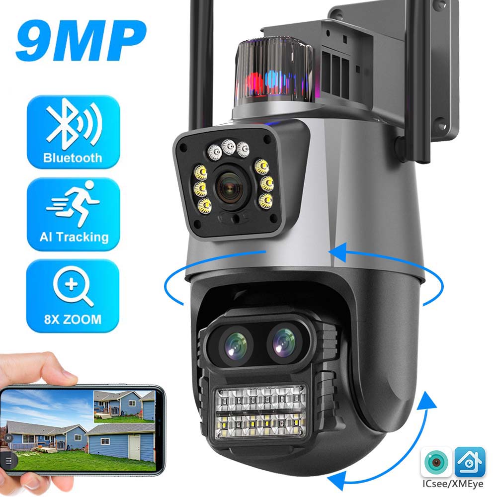4K 9MP WiFi IP Outdoor Three Lens 8X Zoom PTZ Home AI Tracking Security Protection 6MP CCTV Camera ICSee