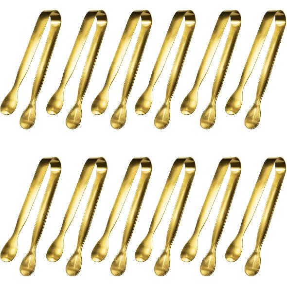 JCREN 12 Pcs Serving Tongs, Small Serving Utensils for Parties Catering Gold Tongs, Food-Grade 304 Stainless Steel Mini Appetizer Tongs for Tea Party