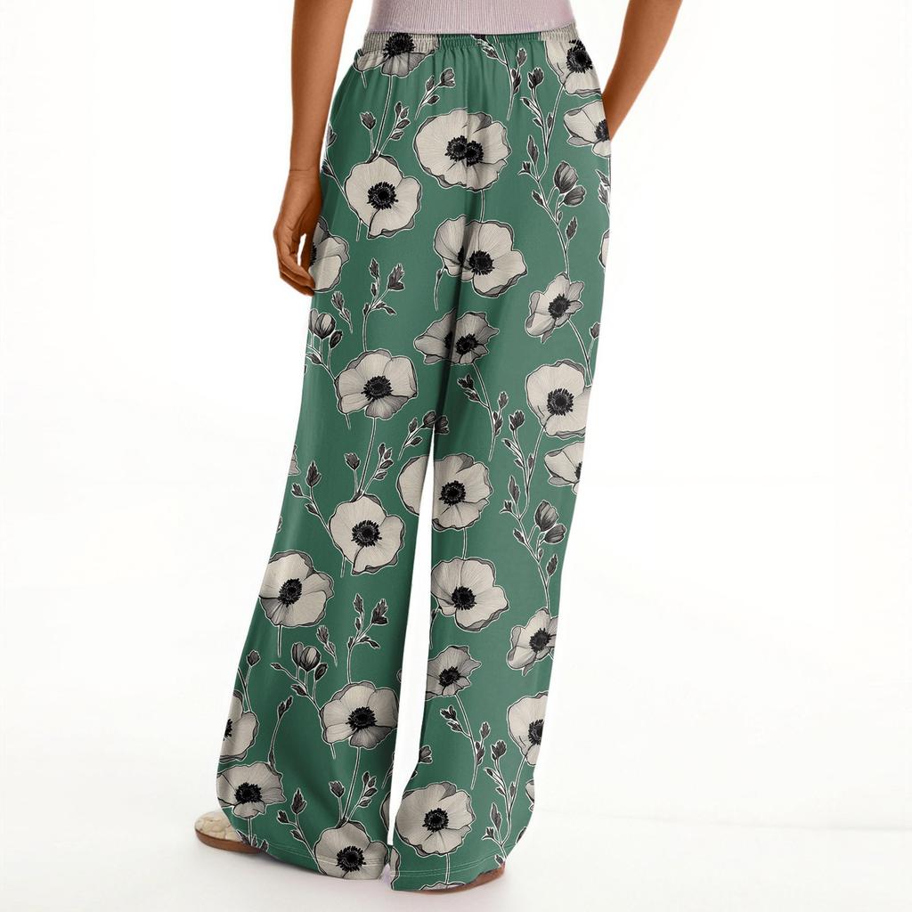 Women's Loose Casual Floral Print Wide Leg Pants With Elastic Waist Drawstring And Pocket Pants