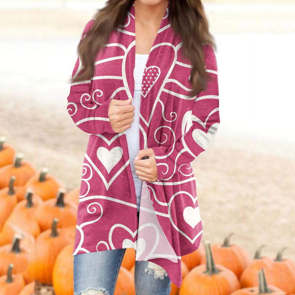 Женский повседневный кардиган с длинными рукавами и принтом ко Дню святого Валентина без карманов, верхнее пальто