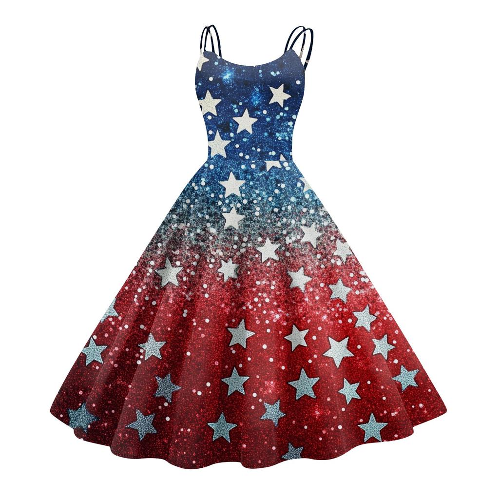 Women's Patriotic Starry Night Dress Sleeveless American Flag Design, Perfect for Celebrations & Summer Events