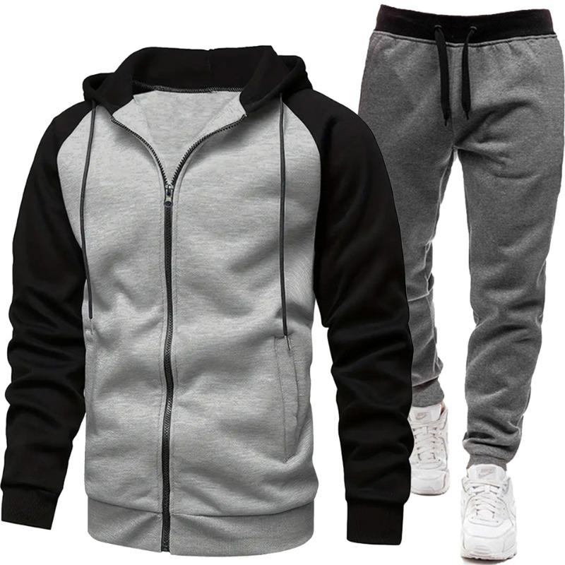 Men's Fashion Color Blocked Coat Long Sleeve Casual Sports Set Men's Top Pants