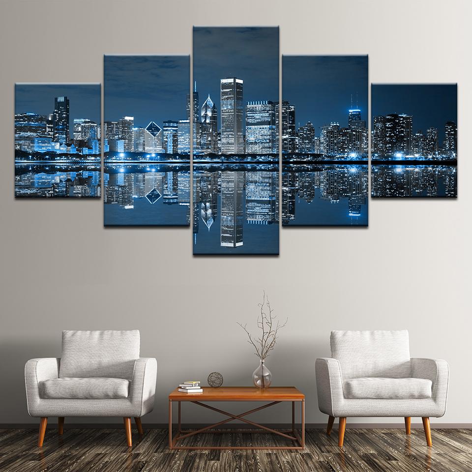 Chicago Downtown Night Scene Canvas Painting Art, 5-Piece Wall Art Painting Stencil Poster Print Home Decor