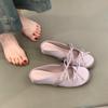 Inner Height Increase Flat Bottom Comfortable Casual Bag Head Sandals Bow Word with Satin Round Head Half Slippers Women's Shoes