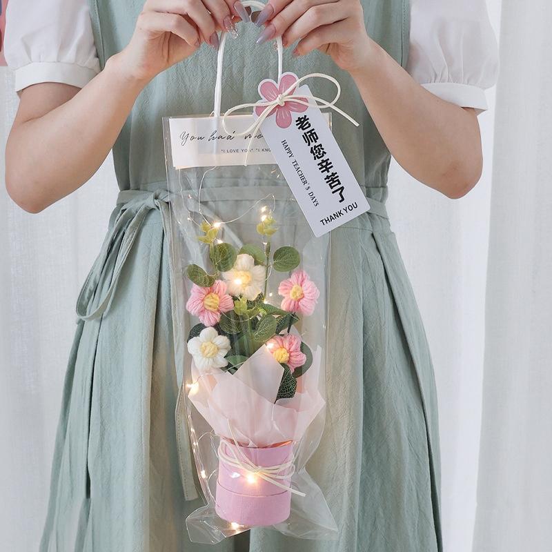 LED Knitted Flower Bouquets Finished Woven Bouquet Crochet Flower Decorations Artificial Flowers Wedding Decor Birthday Gifts