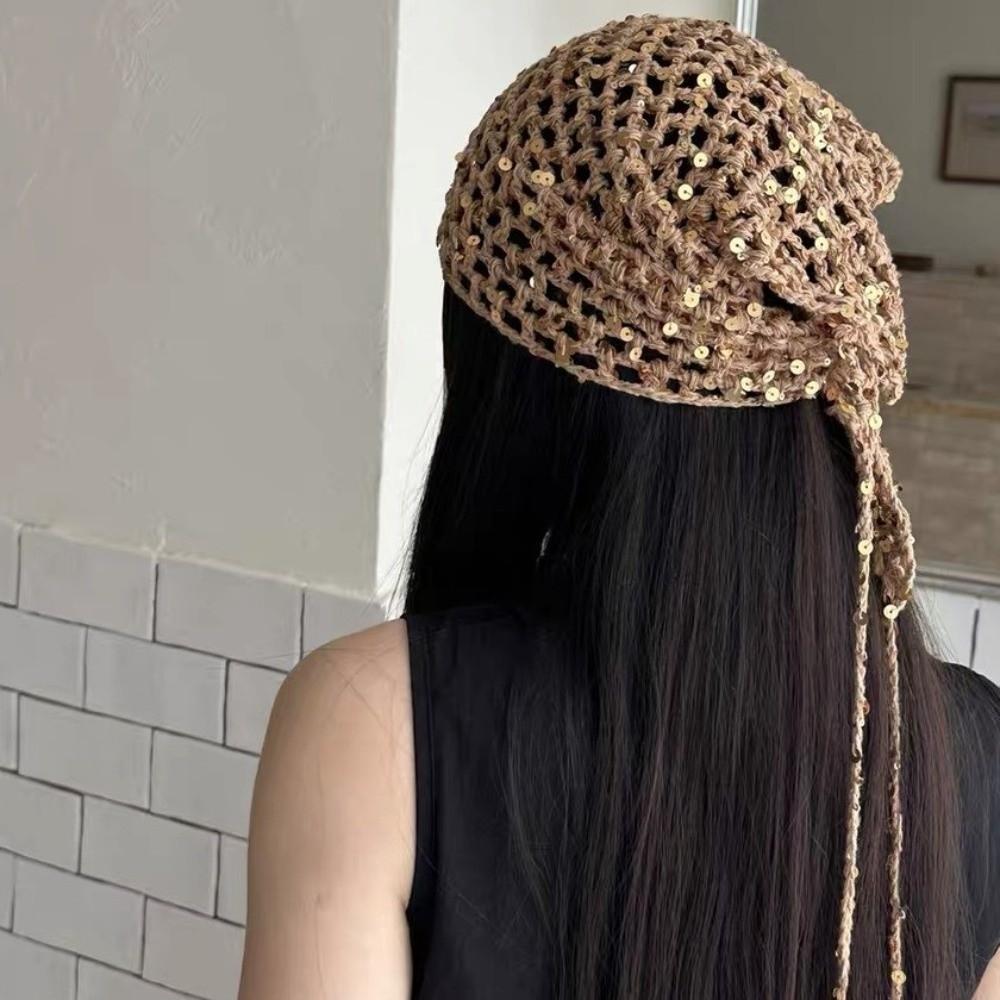 Bohemian Tassel Knitted Triangle Scarf Multi-functional Crochet Headscarf Hollow Shawl Girl
