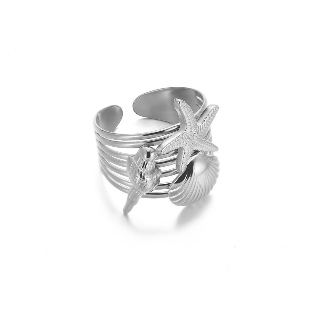 Vintage Conch Starfish Ring For Women Gold Color Stainless Steel Open Adjustable Wedding Summer Beach Party Ocean Jewelry Gift