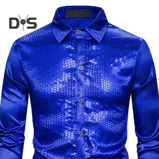 Мужская рубашка для клубных танцев, однобортная, с блестящими пайетками на лацканах, облегающая, с цветными полосками, глянцевая, с длинным рукавом, для выступлений