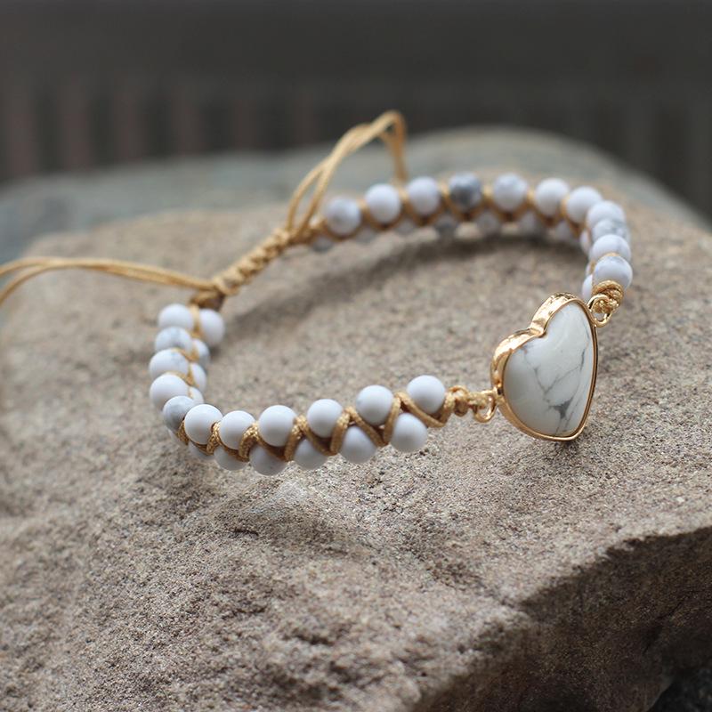 Богемский красный браслет из камня красного дерева в форме сердца, плетеный, двухслойный, женский