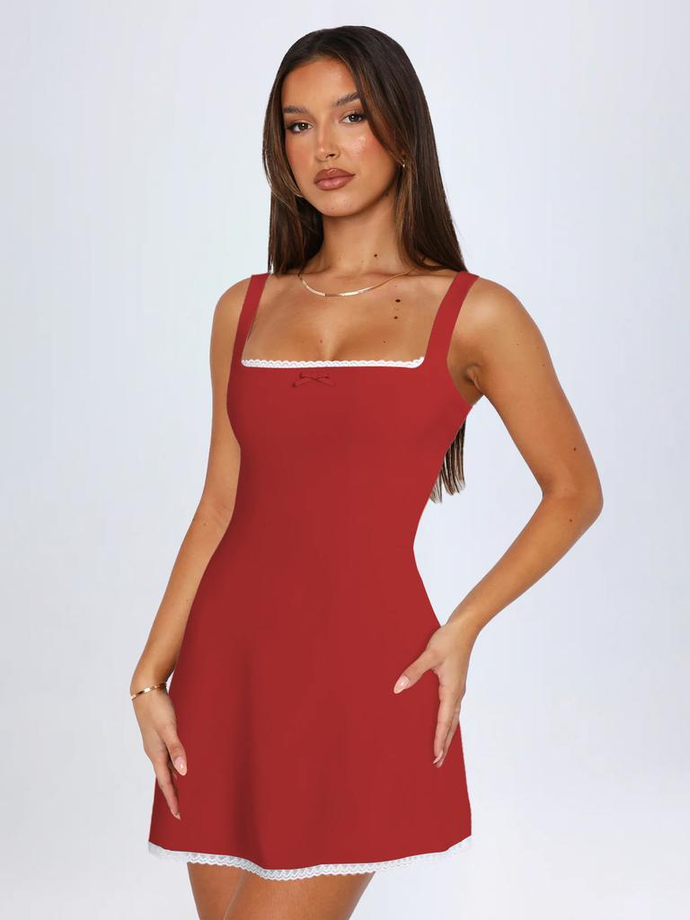 French Style Lace Trim Color Block Dress With Knit Fabric For Elegant Evening Wear