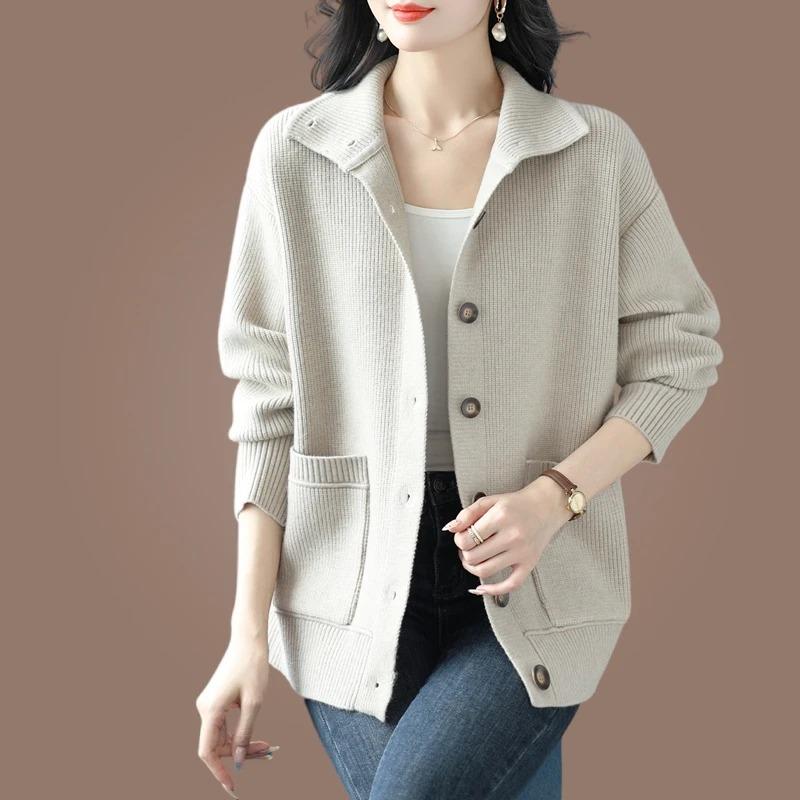 Turtleneck Knitted Sweater Cardigan for Women Autumn and Winter Fashion New Style Lapel Outer Solid Color Versatile Jacket