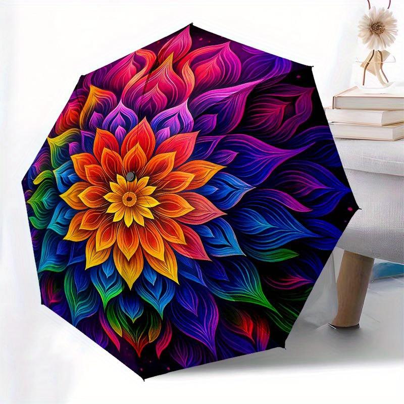 Vibrant Rainbow Lotus Mandala Wall Art Decor Umbrella, Cute Umbrella with Cute Design, Portable 3-Fold Compact Umbrella for Men & Women, Valentine's D
