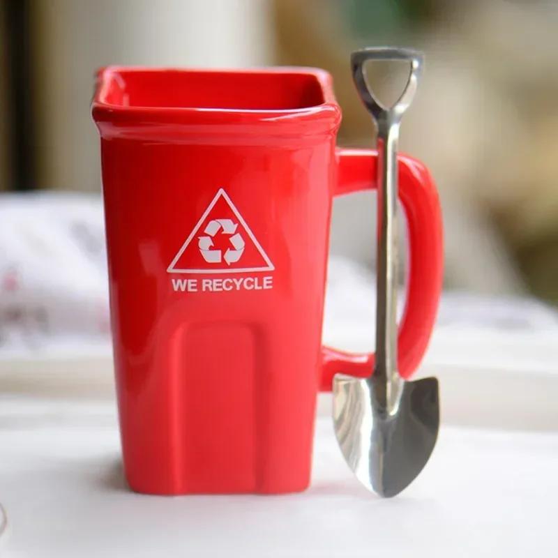 Square Trash Can Ceramic Mug Green Recyclable Bucket Water Cup Fun Creative Exotic Coffee Cup Latte Coffee Cup Cute Coffee Mug