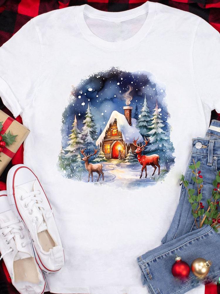 (Азиатский размер) Топ Футболка фестиваль Счастливого Рождества Новый год Праздник Повседневный любовь сердце клетка Женский Принт Леди Короткий рукав Мода Графические футболки