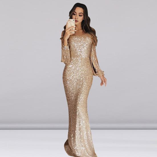 Женское платье для выпускного вечера с кисточками и рукавами-футляром, облегающее платье с V-образным вырезом, однотонное вечернее платье с блестками и рыбьим хвостом, коктейльное платье макси