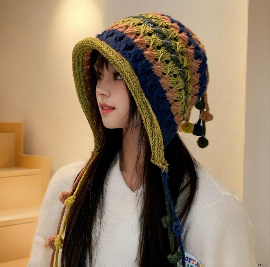 Hollow knitted hat female travel fringed bag head hat ethnic style pullover wool hat hairball photo artifact