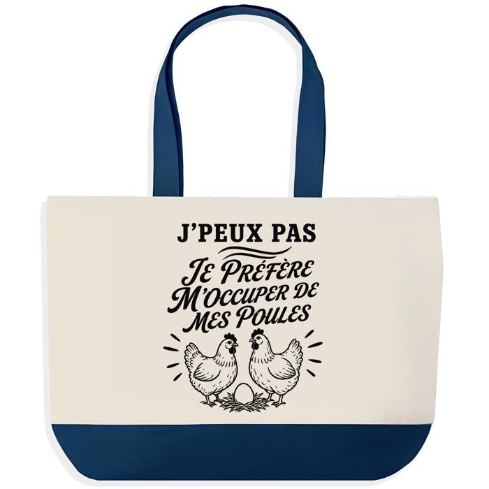 Grand Sac Cabas Fond Bleu J’peux pas je préfère m’occuper de mes Poules J'peux pas minimaliste | Toile de Coton 170 g/m² 27 L Poche