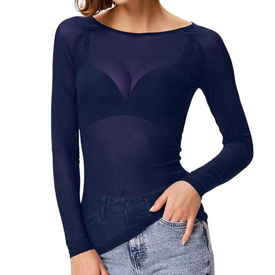 See-through Mesh Bottoming Tops Women O-Neck Long Sleeve Slim Fit Shirt Sexy Clear Sun Protection