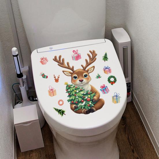 Merry Christmas Toilet Sticker Waterproof Self-adhesive PVC Living Room Bathroom Wall Santa Car Reindeer Stocking Toilet Seat Lid Decoration Decal