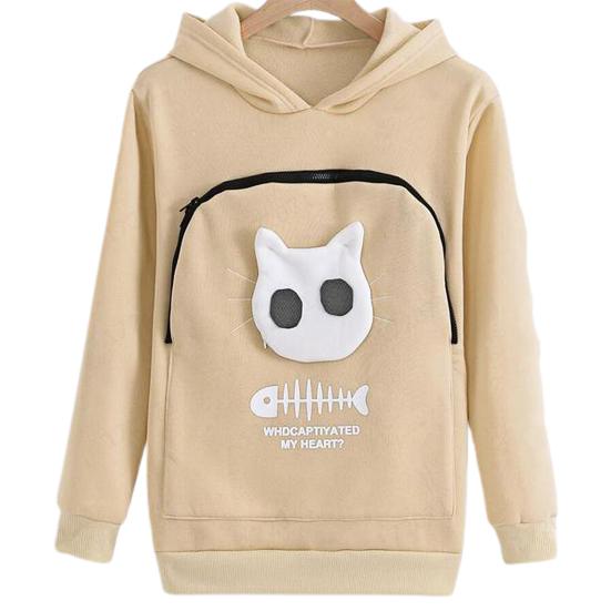 Women Spring Hoodie with Cat Nest Cartoon Print Big Zipper Pocket Hooded Long Sleeves Keep Warm Pullover Elastic Cuff Lady Hoodie Women Garment