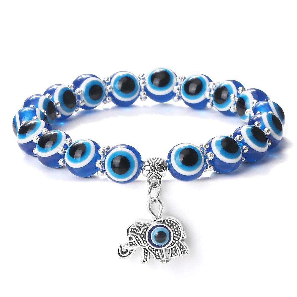 10mm Lucky Blue Evil Eye Bracelet Palm Butterfly Owl Elephant Pendant Charm Crystal Resin Beaded Bracelets for Women Men Jewelry