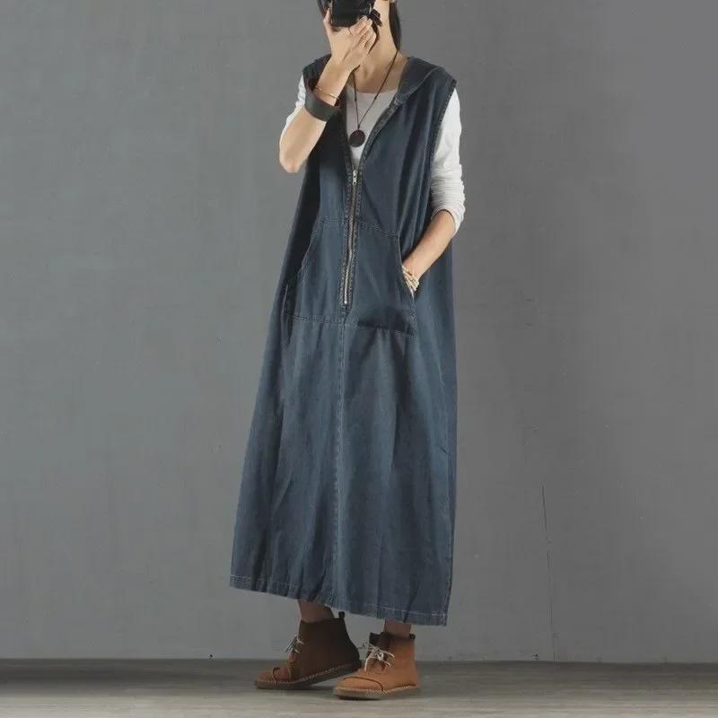 Корейское джинсовое платье большого размера с капюшоном и без рукавов — повседневное, утягивающее, антивозрастное