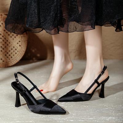 Женские туфли на шпильке с острым носком, на тонком каблуке, сексуальные босоножки с закрытой пяткой, 2025 новинка, большой размер, женская обувь, летние французские туфли с открытой пяткой
